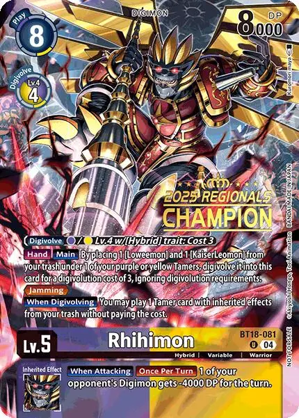 Rhihimon [Bt18-081] (2025 Regionals Champion) [Release Special Booster Ver.2.0 Promos] 1