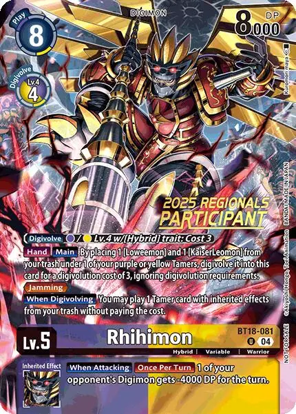 Rhihimon [Bt18-081] (2025 Regionals Participant) [Release Special Booster Ver.2.0 Promos] 1