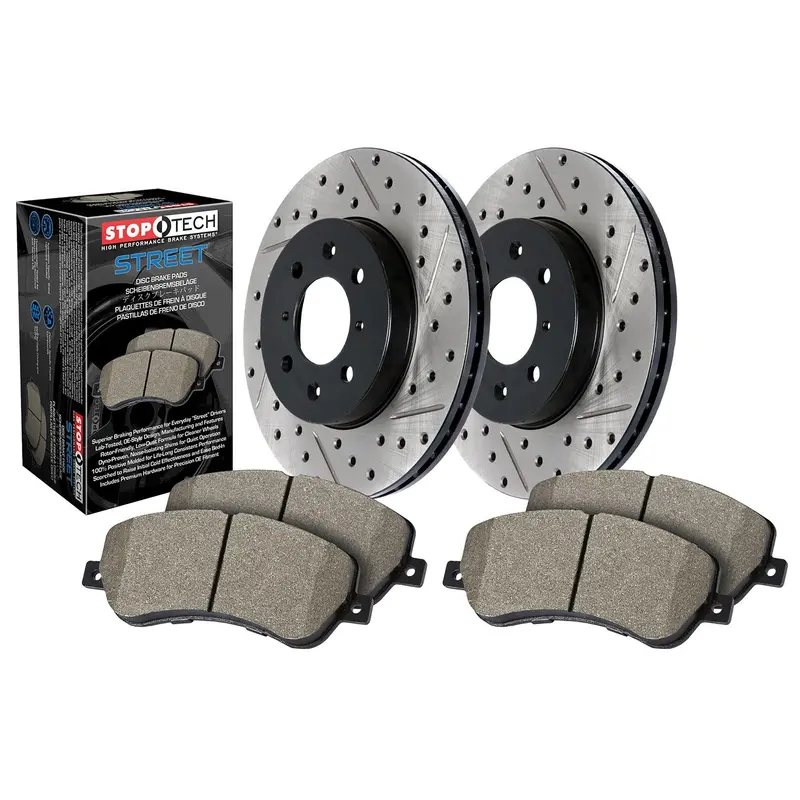 Stoptech 938.67061 Street Axle Brake Kit – Front Drilled And Slotted Rotors With Performance Pads 1